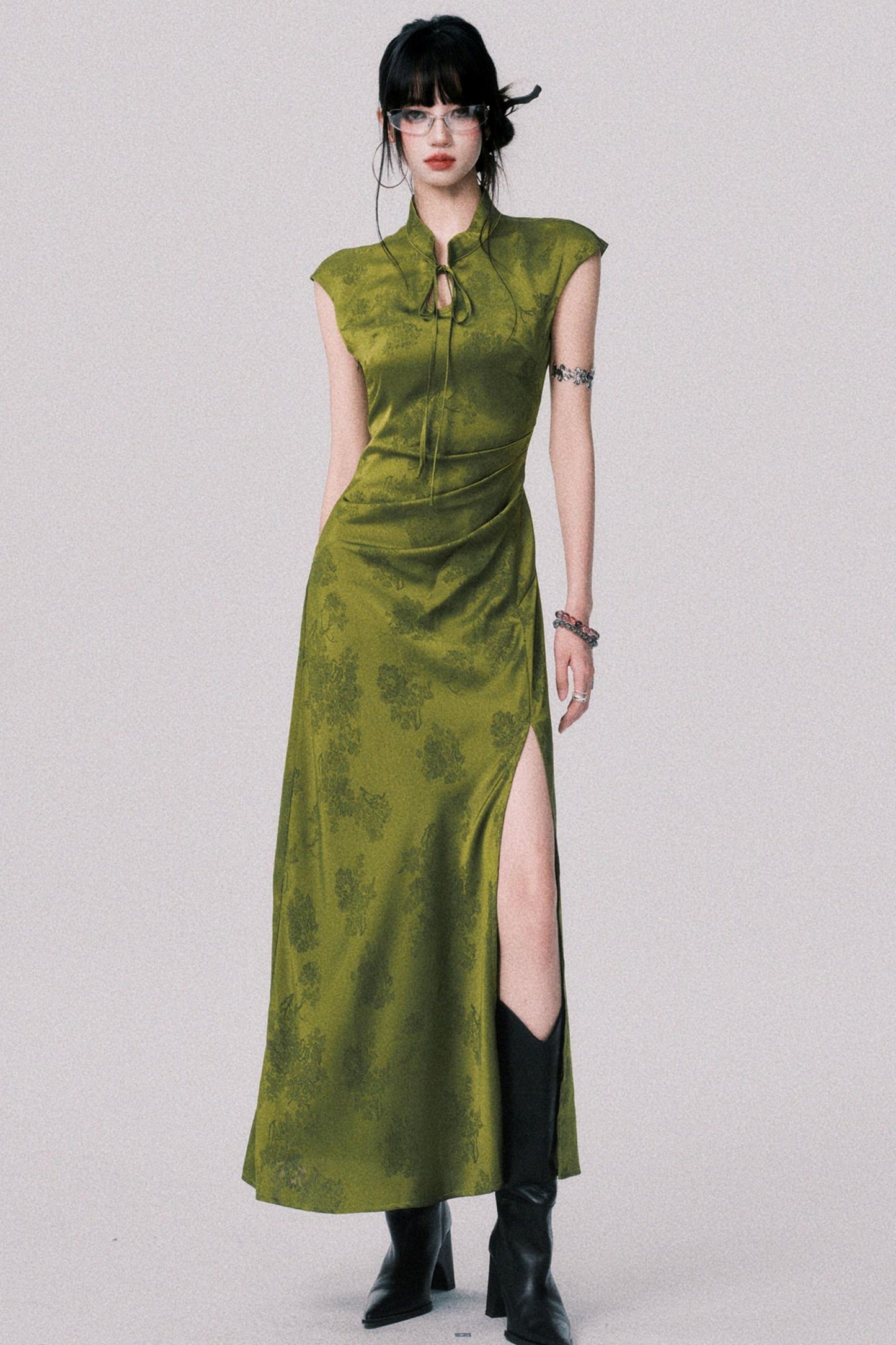 Vintage Moss Green Jacquard Cheongsam Dress