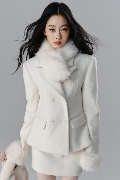 Fur Collar Blazer & Skirt Set-Up