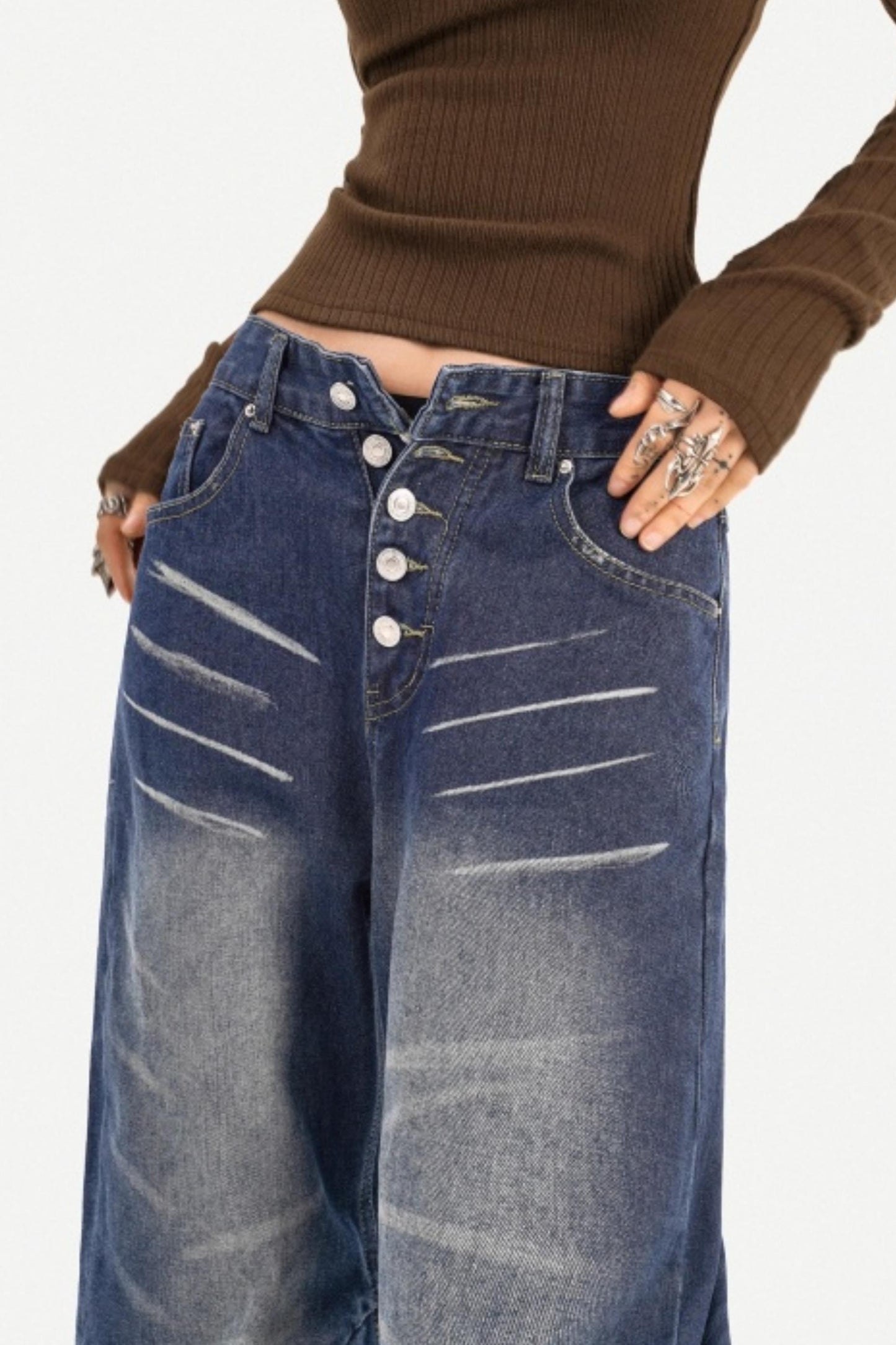 Retro Distressed Wide-Leg Jeans