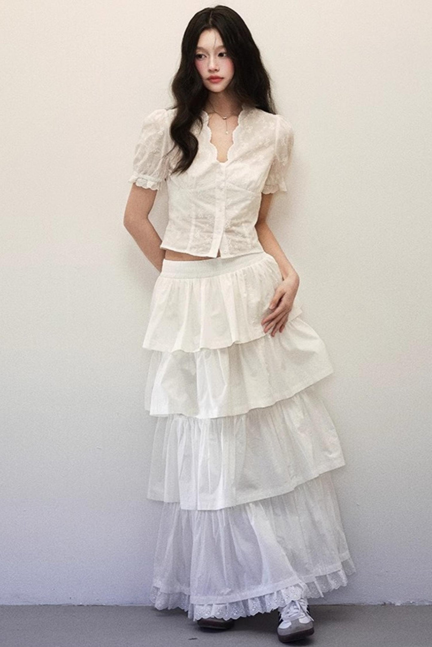 Lace-Crafted Cotton Halter Two-Piece Skirt Set-Up