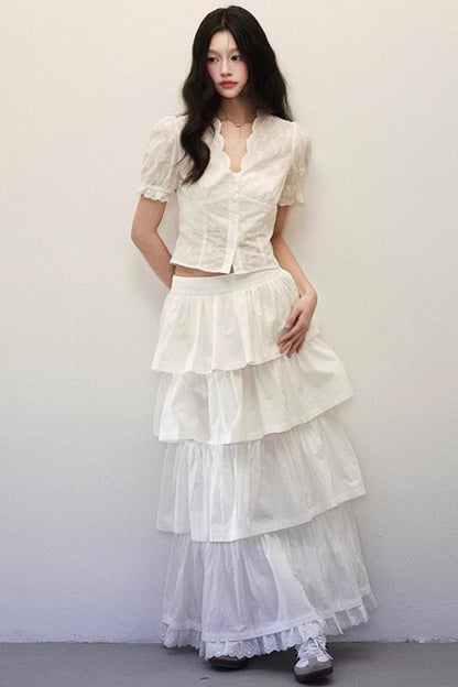 Lace-Crafted Cotton Halter Two-Piece Skirt Set-Up