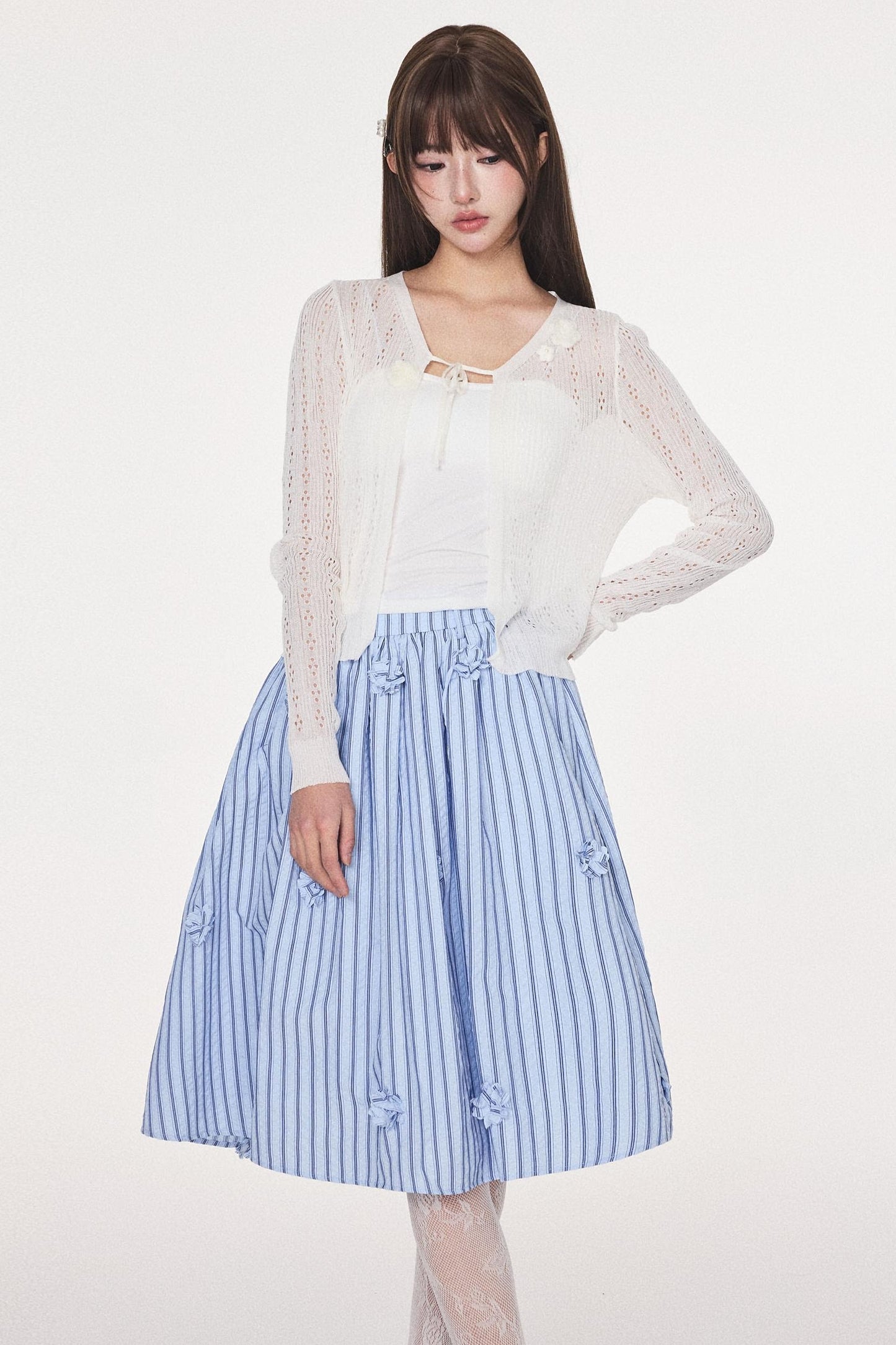 Blue Striped Flower Silhouette Skirt