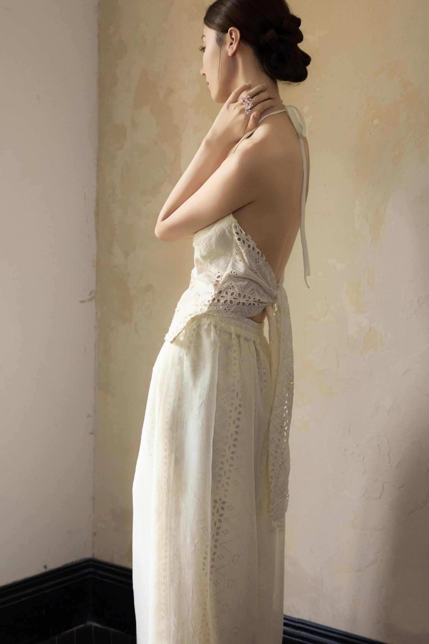 Romantic White Embroidered Halterneck Top