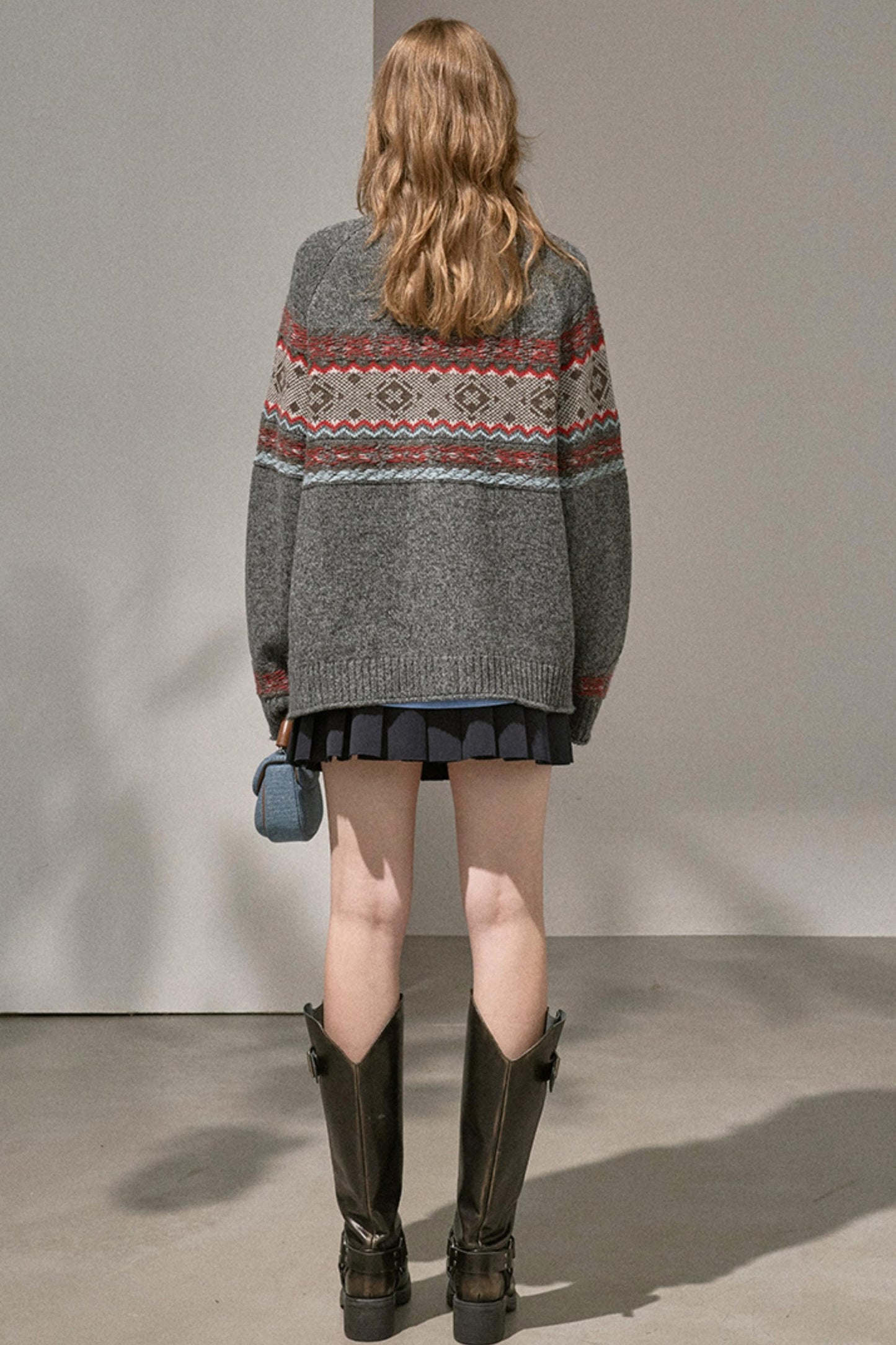 Fair Isle Knitted Gray Cardigan