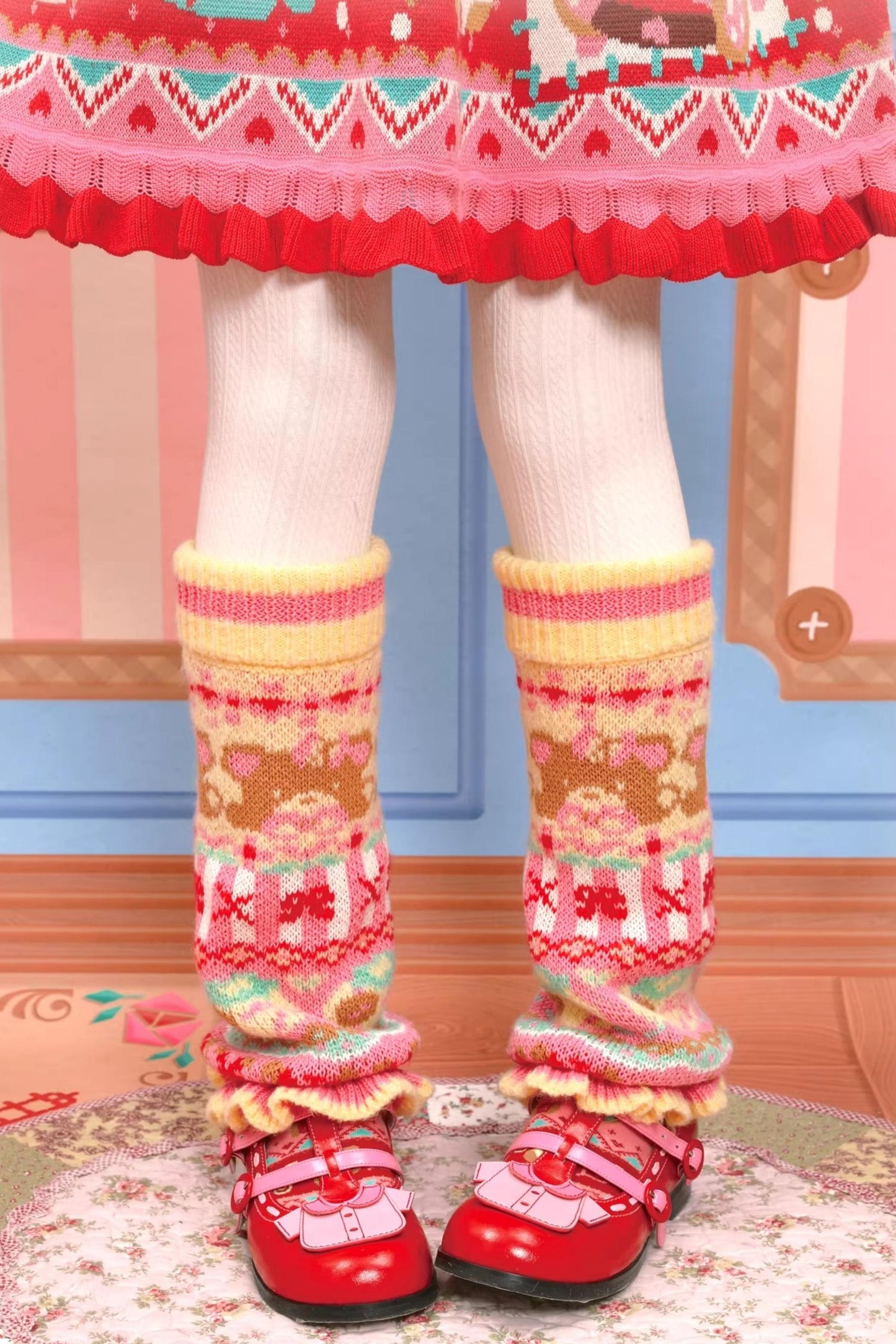 Yellow-Pink Lace Knit Warmers