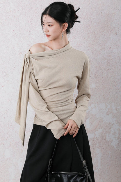Milk Tea Long Sleeve One-Shoulder Top