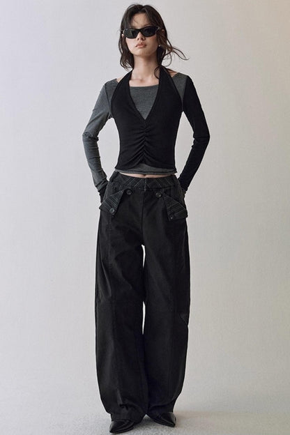 Striped Stitching Two-Piece Halterneck T-shirt