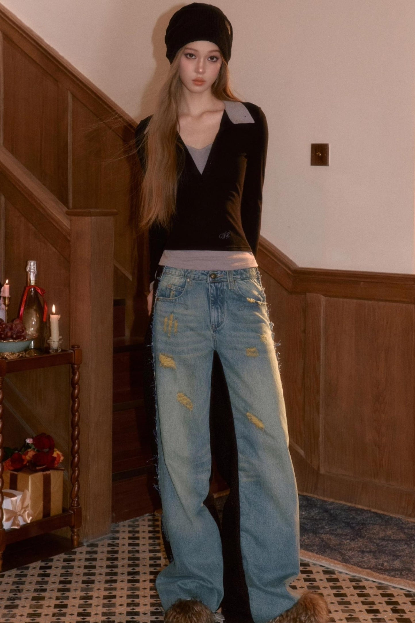 Frayed Hem Patchwork Jeans