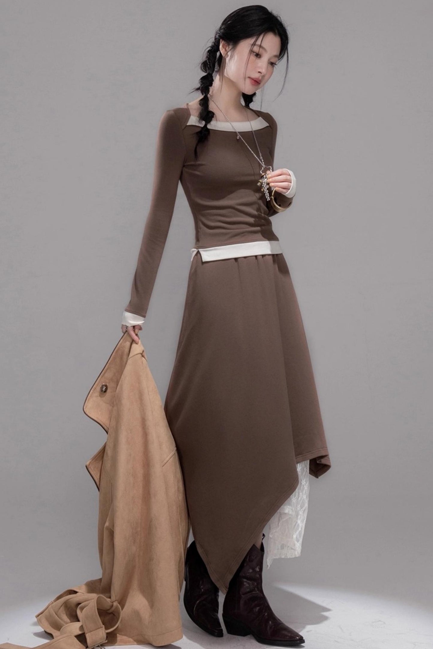 Collar Contrasting Knitted Top & Skirt Set