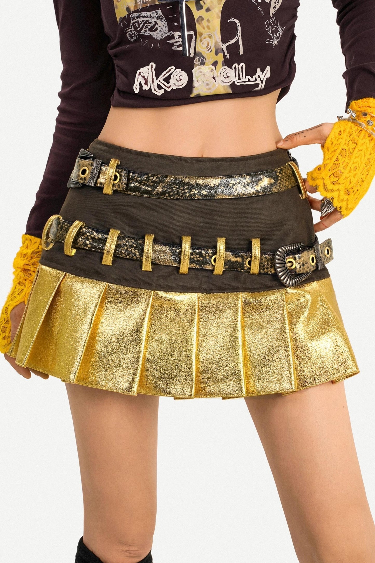 Gold Patchwork Pleated Skirt