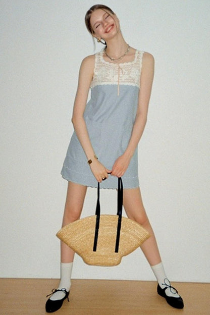 Blue Crochet Square Neck Dress