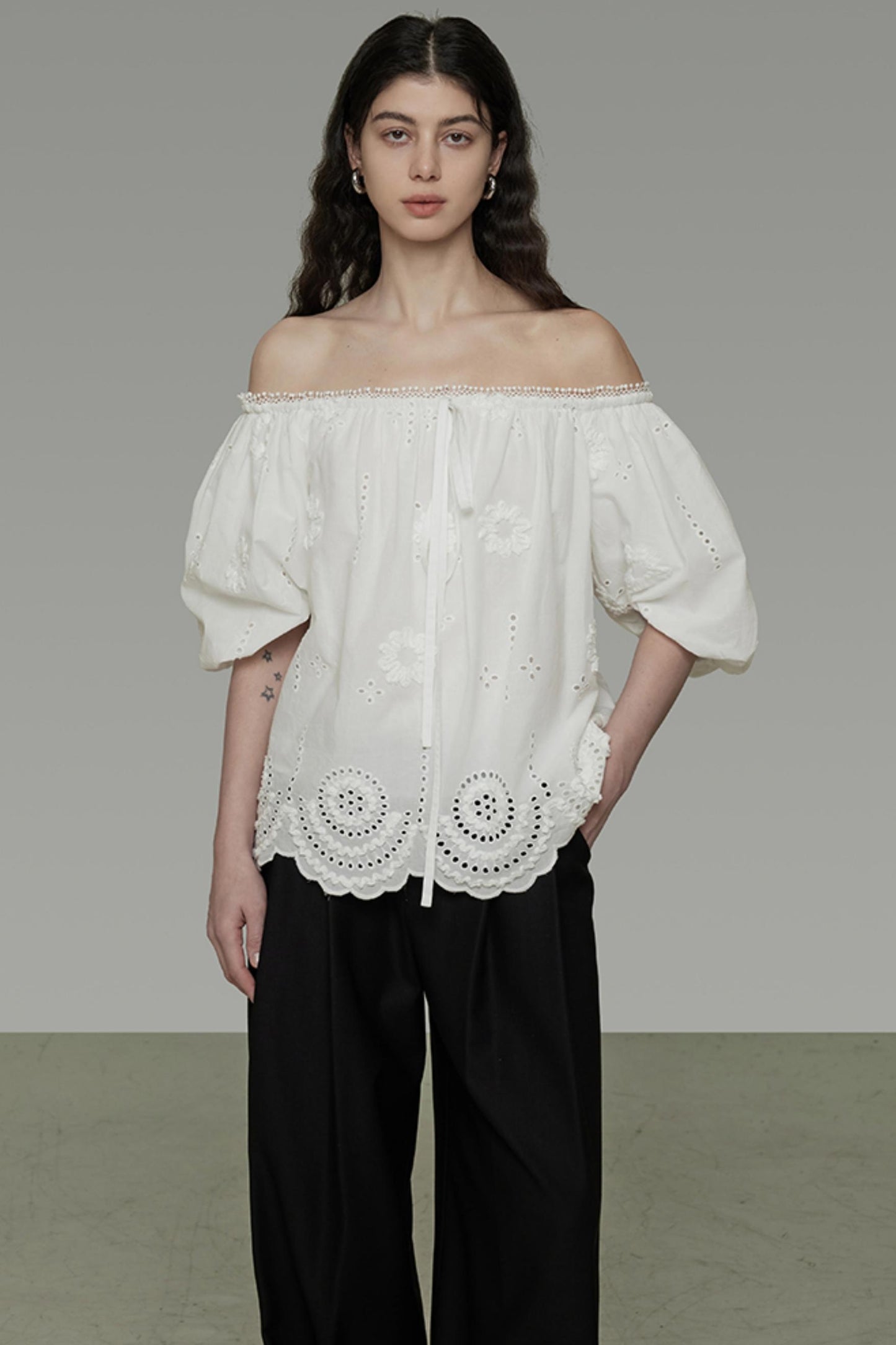 White Hollow Collar Blouse