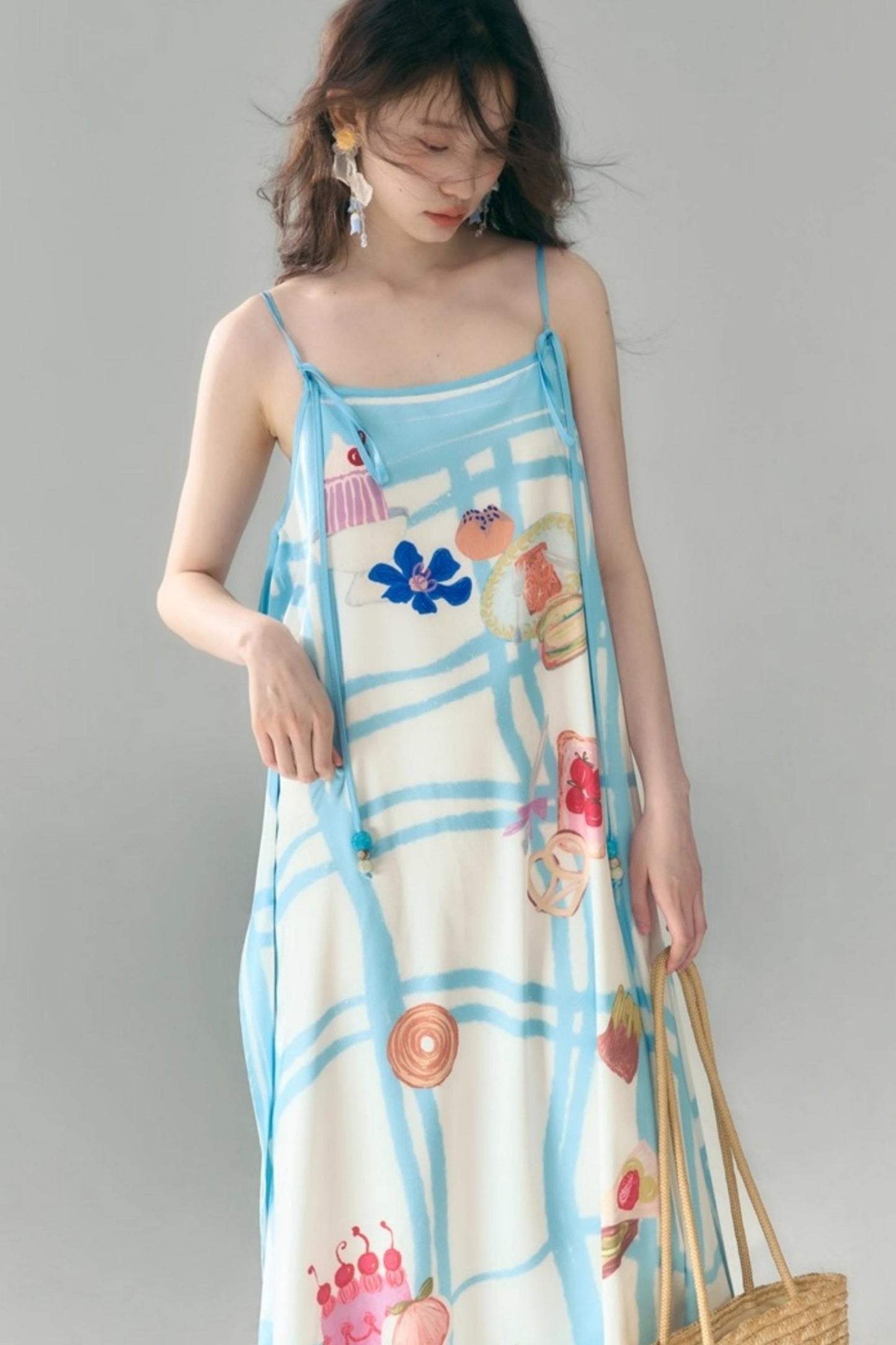 Bread Print Plaid Satin Slip Dress Set-Up