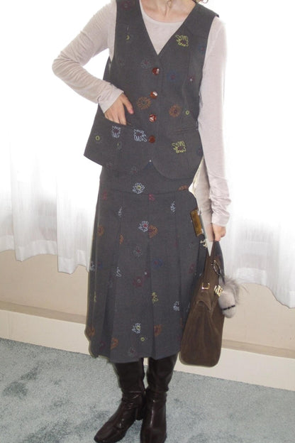 Needle Wool Vest Skirt Set-Up