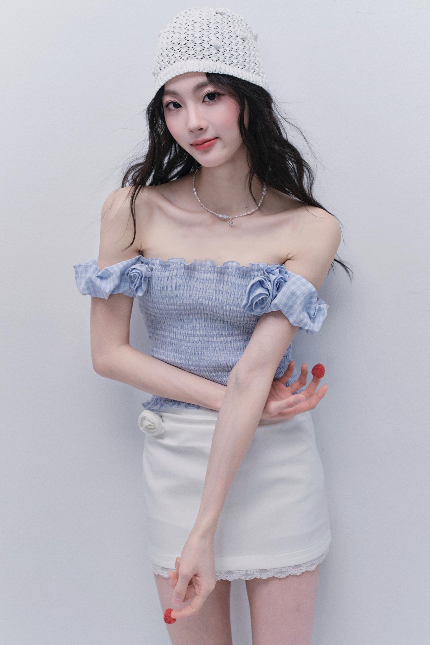 Rose One-Shoulder Bubble Sleeve Top