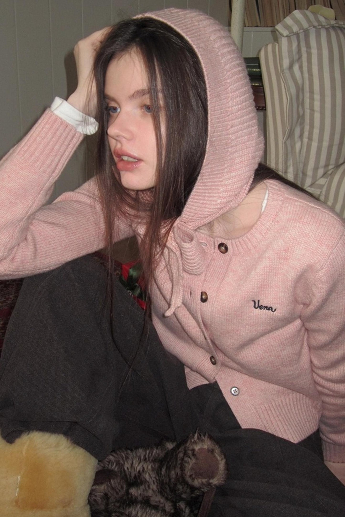 Pink Wool Hooded Cardigan