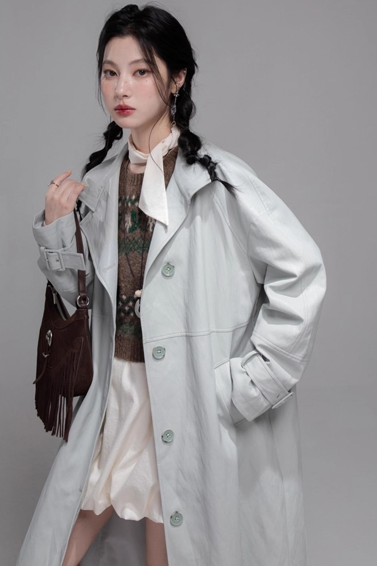 Two Collared Leather Trench Coat