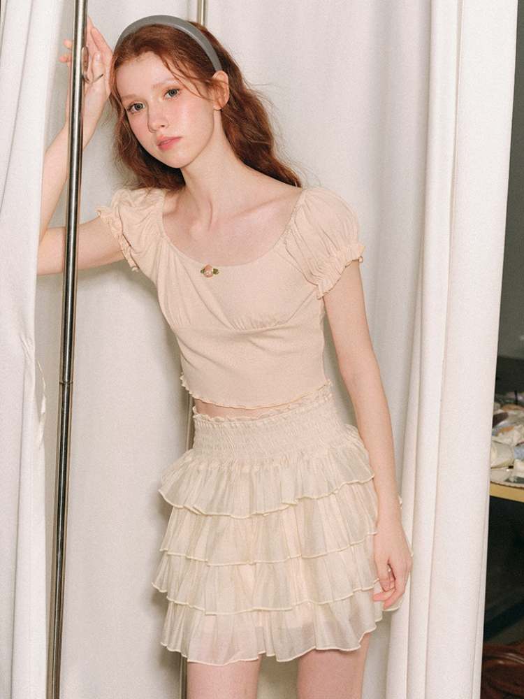 Rose Corsage Puff Sleeves Ballet T-Shirt