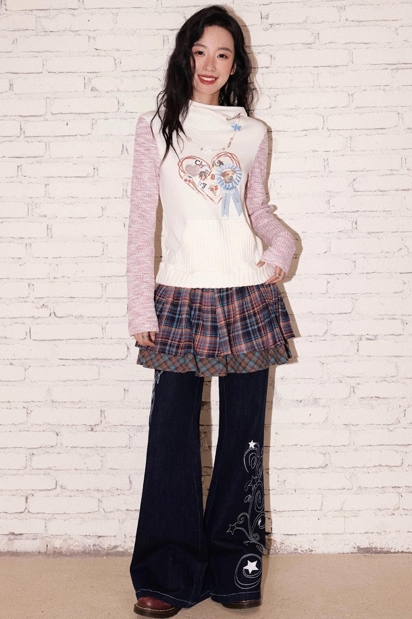 Double Layer Check Pleated Skirt