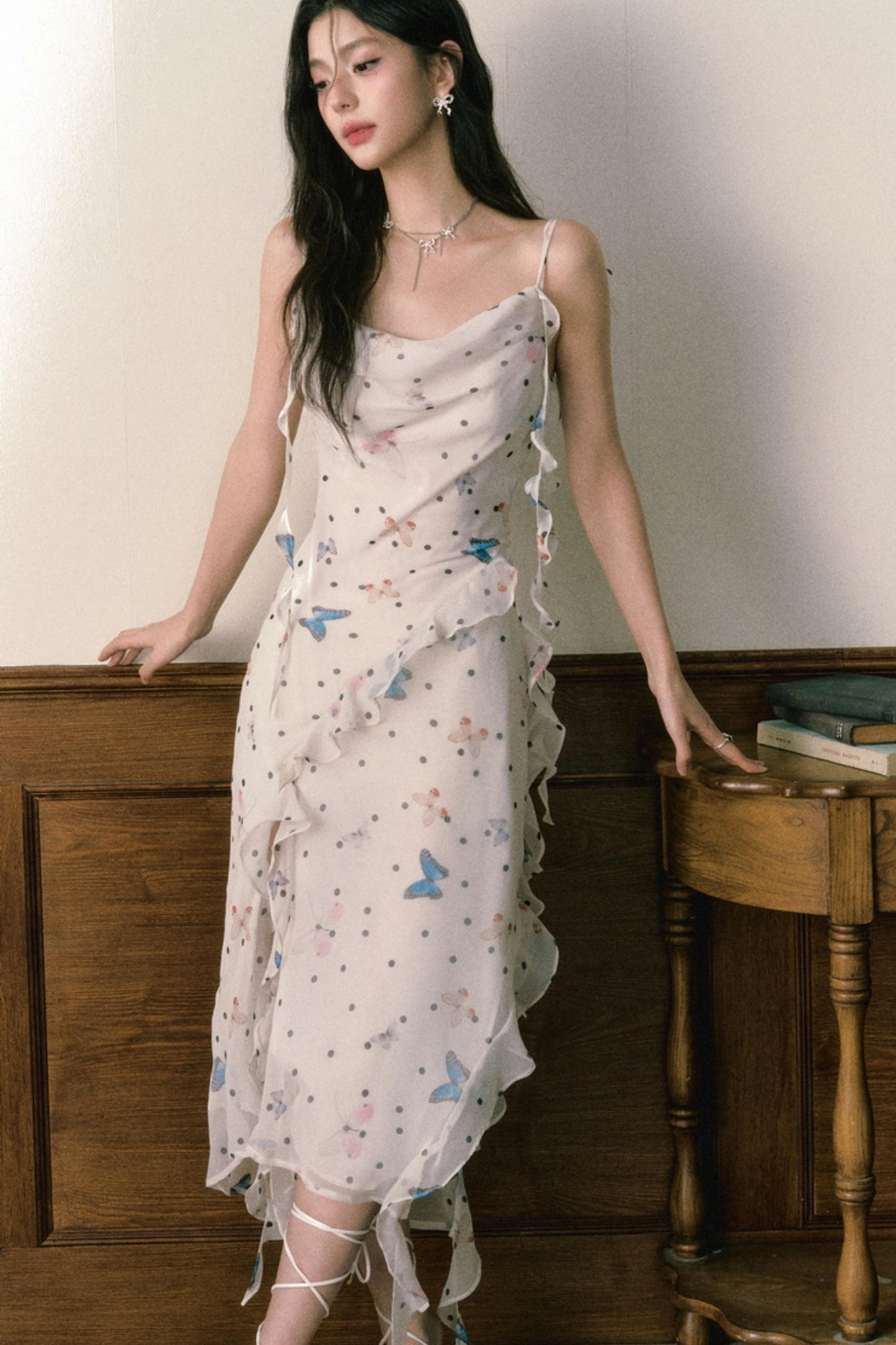 Butterfly Floral Halter Chiffon Maxi Dress