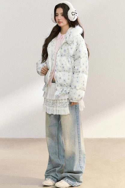 Fur Collar Daisy Print Jacket