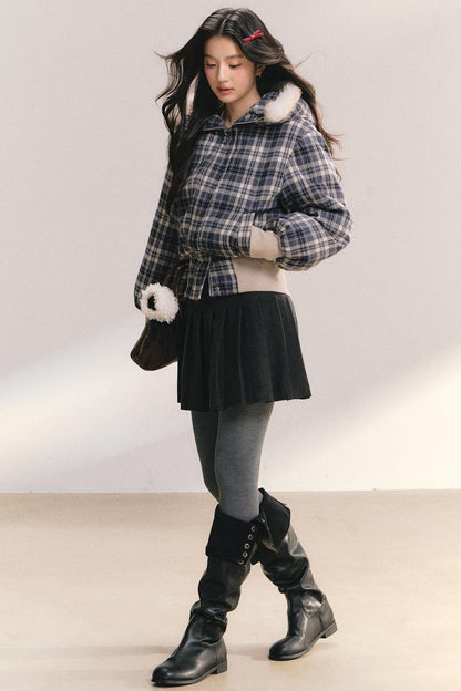Plaid Fur Collar Winter Coat