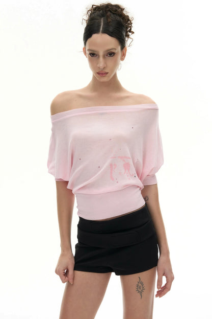 Two-Tone Rhinestone One-Shoulder T-Shirt