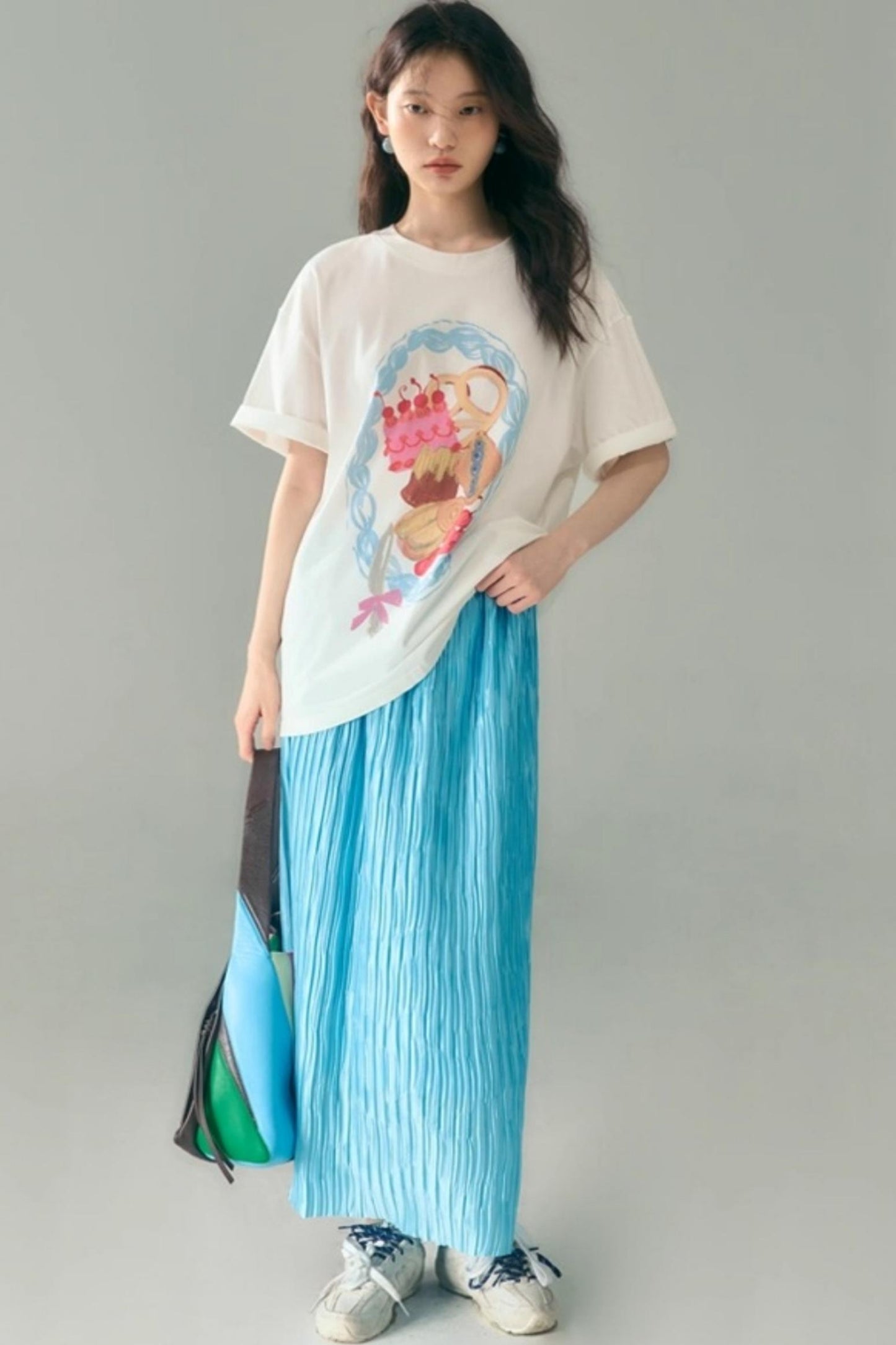 Original Design Glass Blue Elasticated Pleated Skirt
