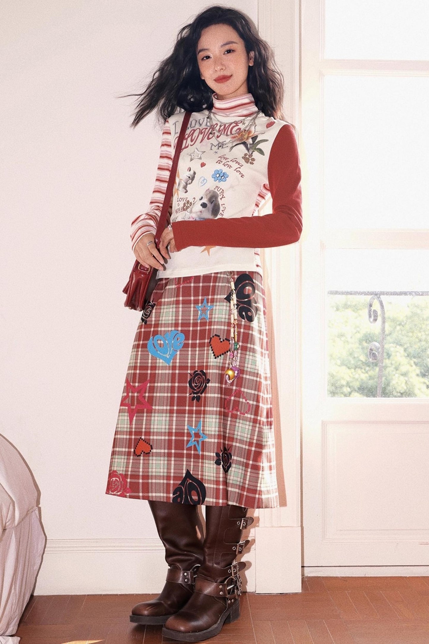 High-Neck Asymmetrical Print T-Shirt