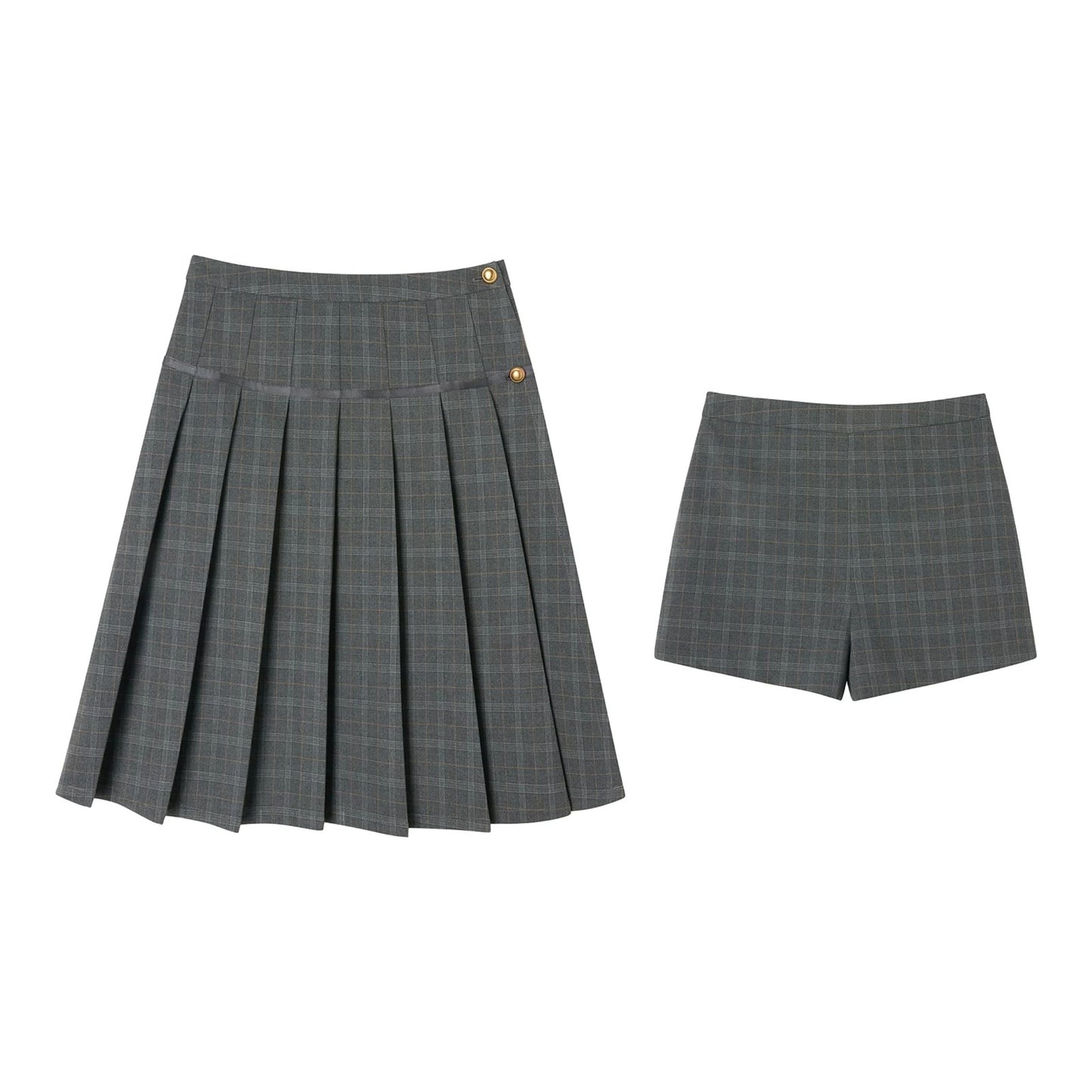 Gray Plaid Pleated Skirt Set