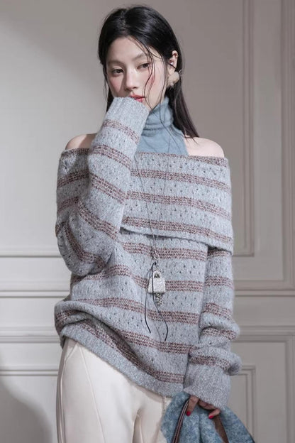 Off-Shoulder Striped Knit Vest Set