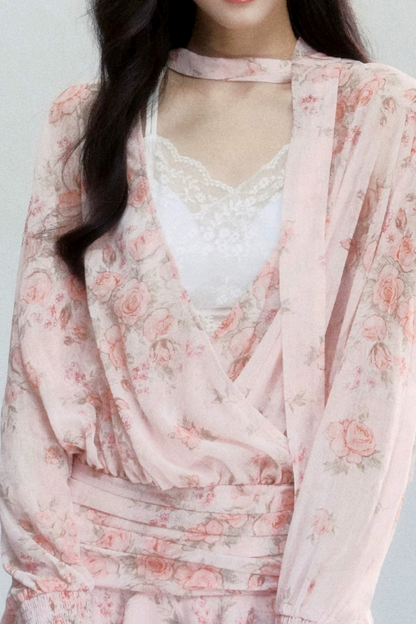 Completo Abito Floreale in Chiffon Rosa