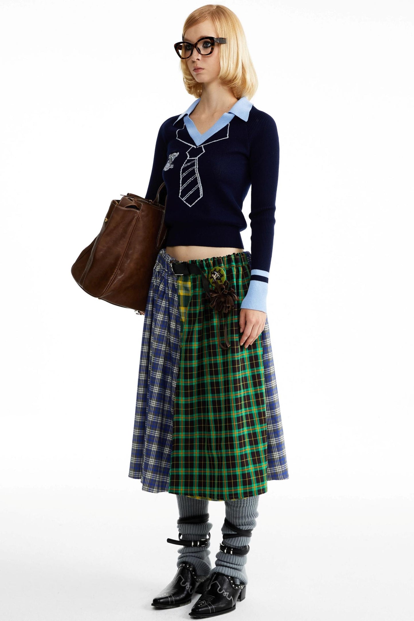 Blue-Green Plaid Pleated Skirt