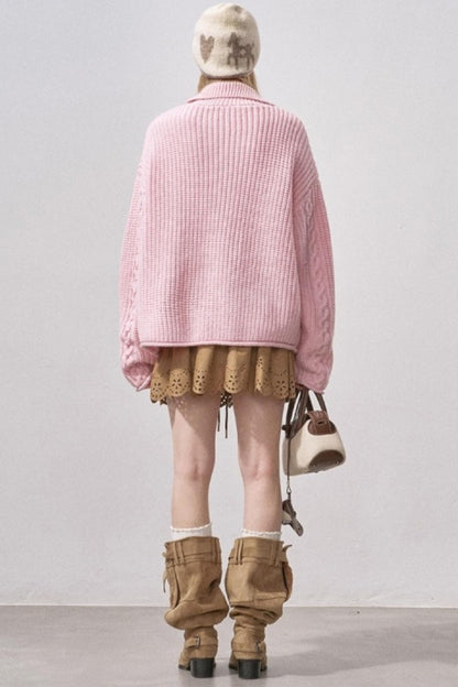 Thick Cable Knit Turtleneck Cardigan