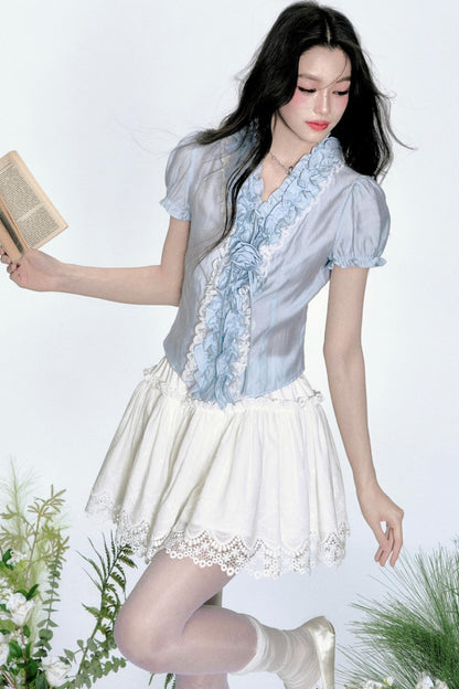 Gray Blue Floral Pleated Blouse