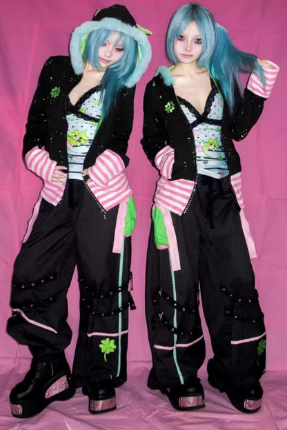 Four-Leaf Clover Embroidery Stripe Studded Trousers