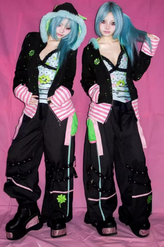 Four-Leaf Clover Embroidery Stripe Studded Trousers