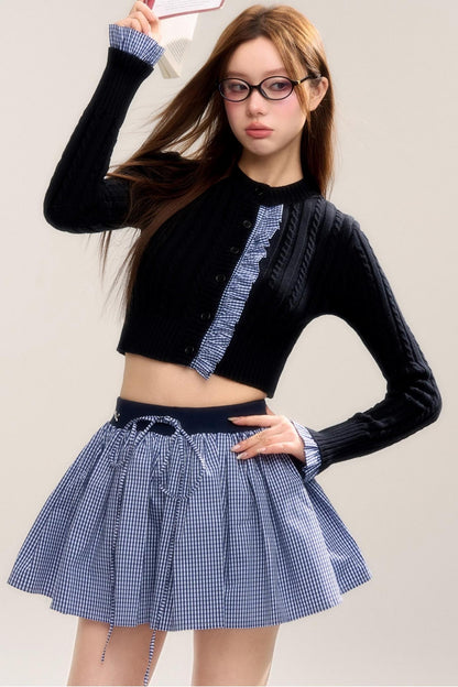 Navy Blue Checked Flared Skirt