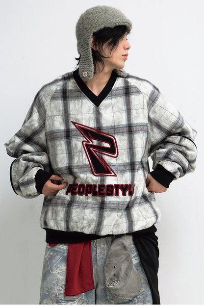 Vintage Checked Fleece Pullover Sweatshirt