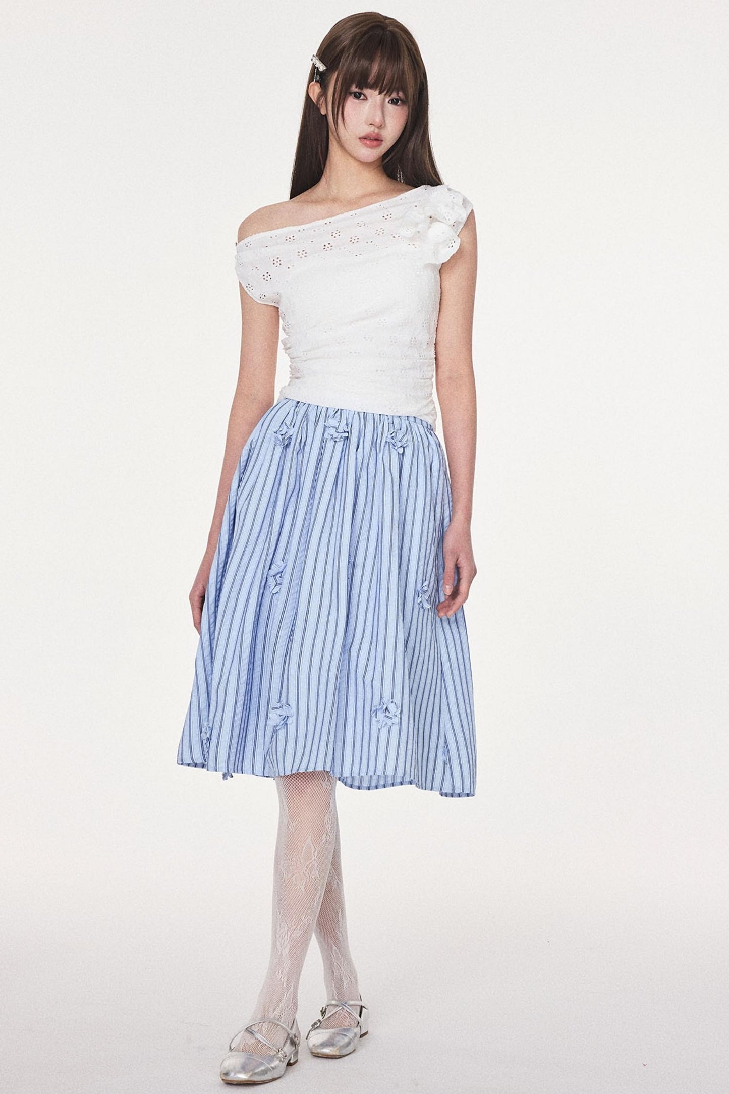 Blue Striped Flower Silhouette Skirt