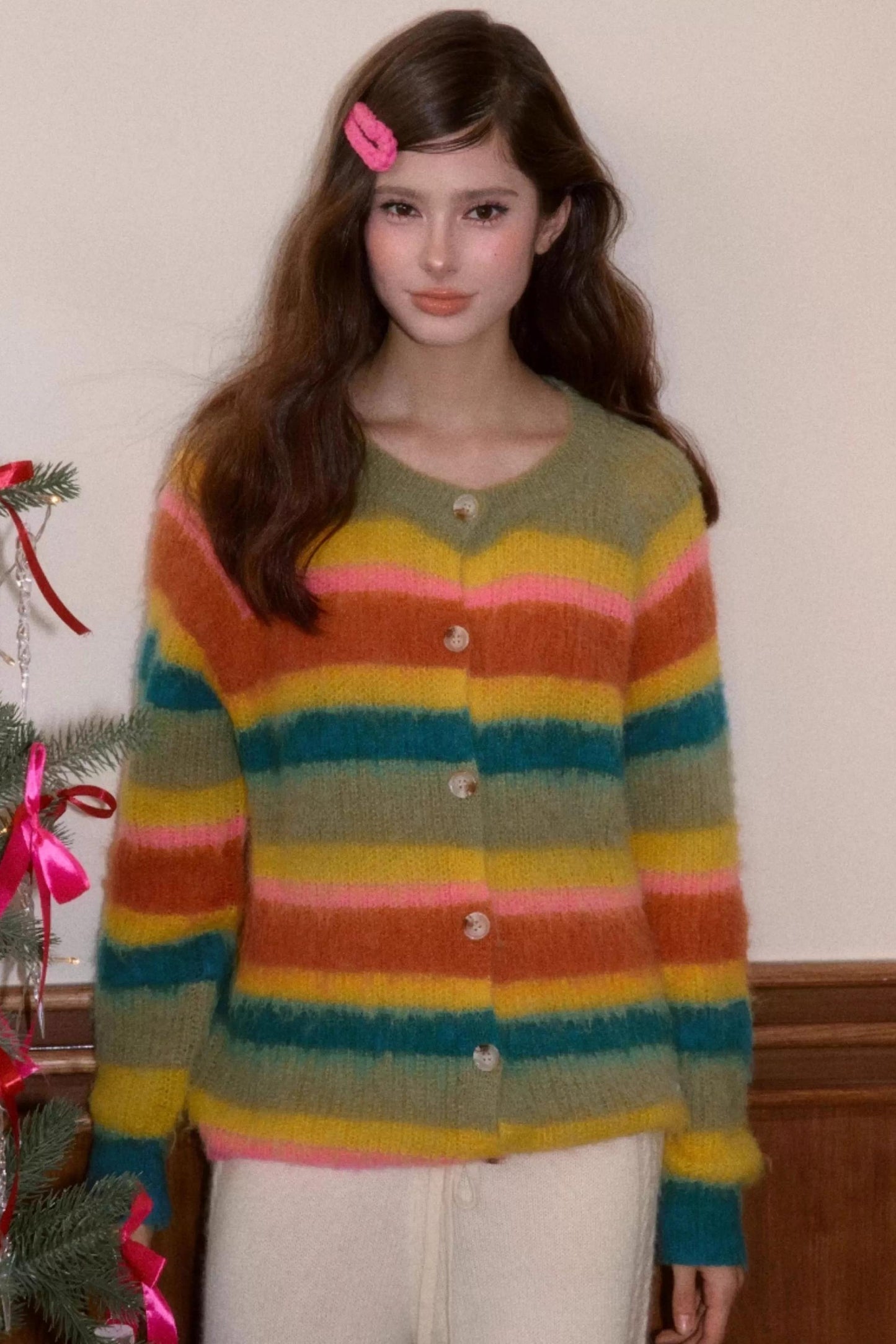 Fleece Rainbow Stripe Cardigan