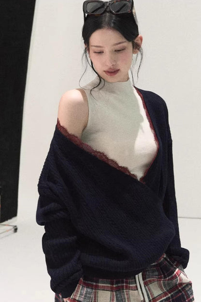 Silk-Gloss Wool Lace Sweater Set-Up
