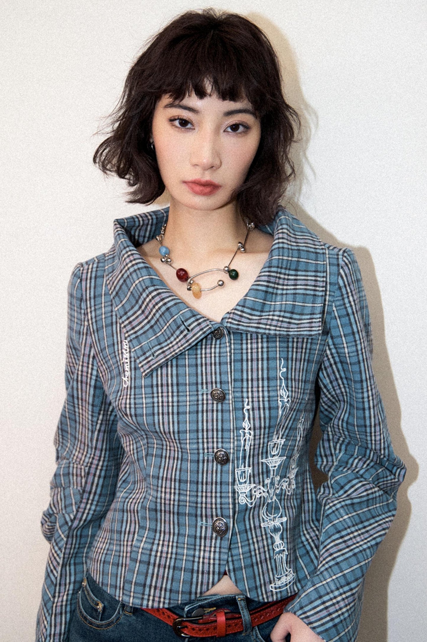 Plaid Embroidered Blazer Top