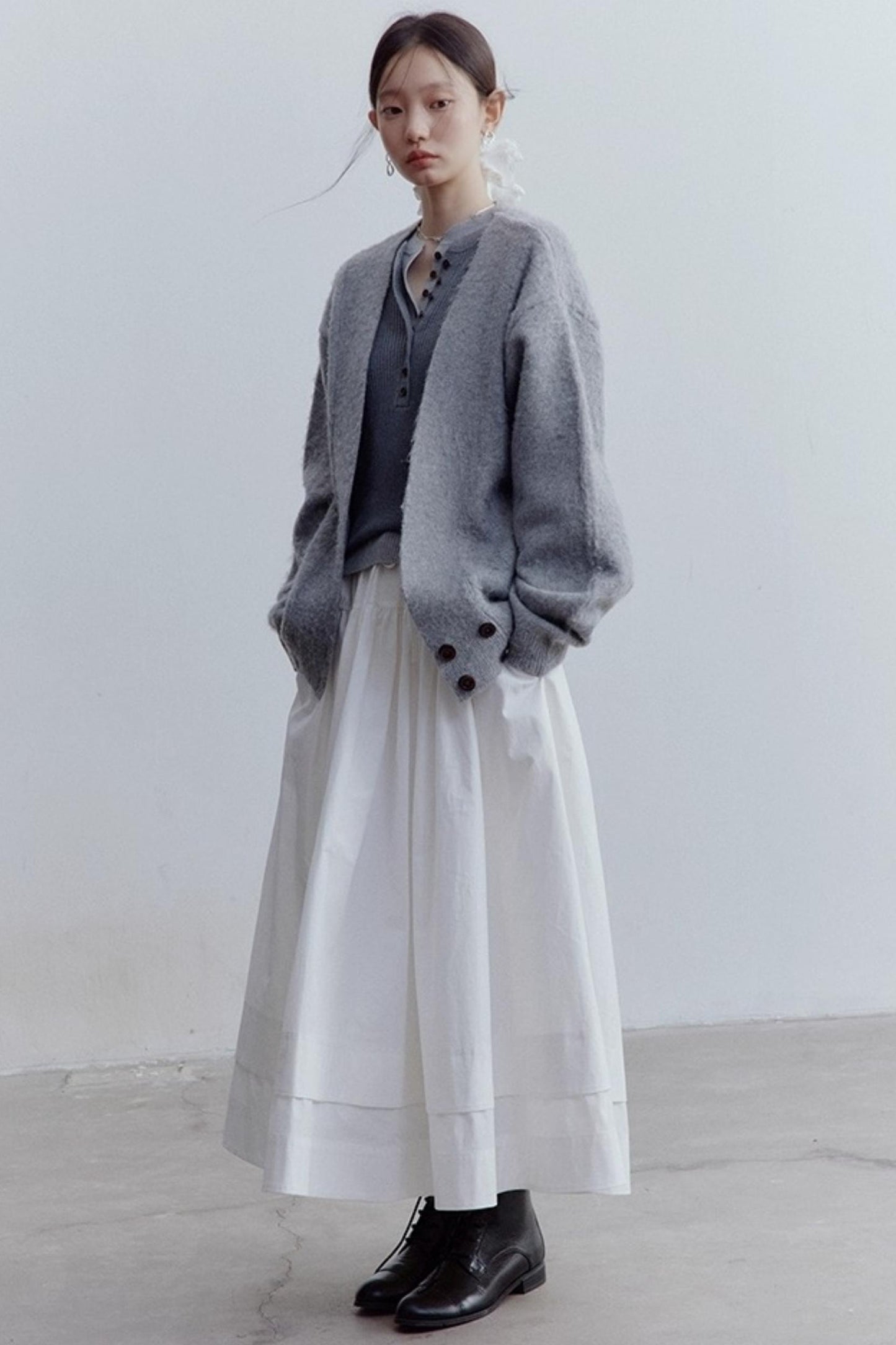 Misty Gray V-Neck Mohair Cardigan Coat