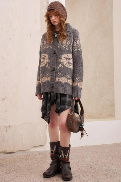 Bird Horn Buckle Loose Warm Cardigan