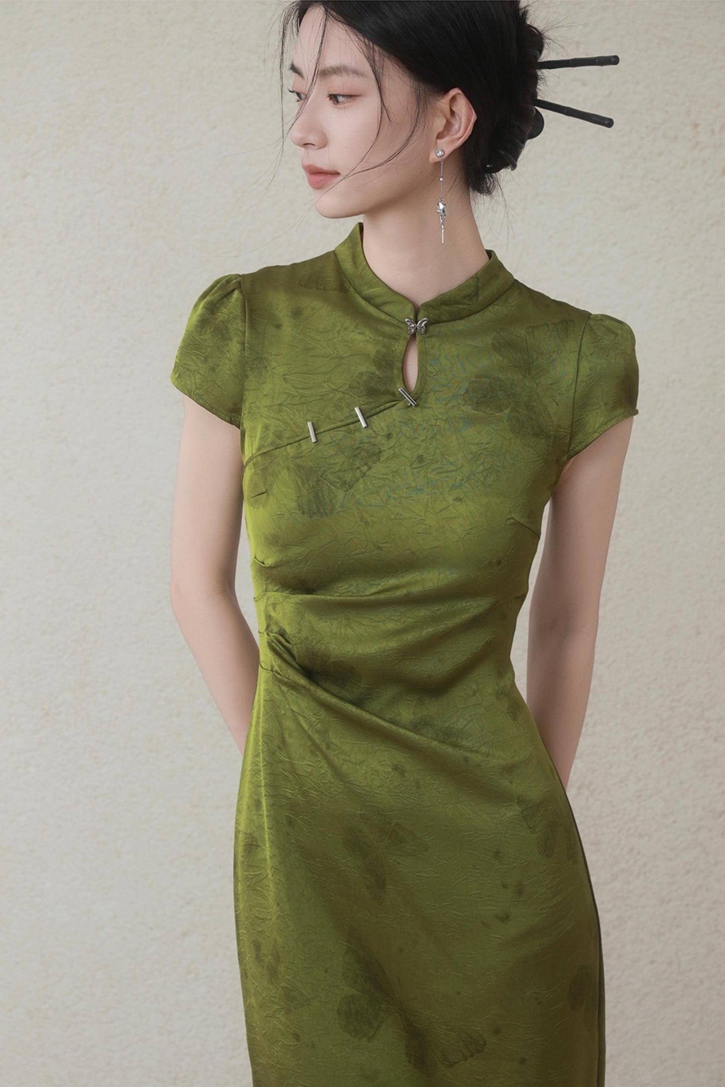 Summer Green Satin Cheongsam Dress