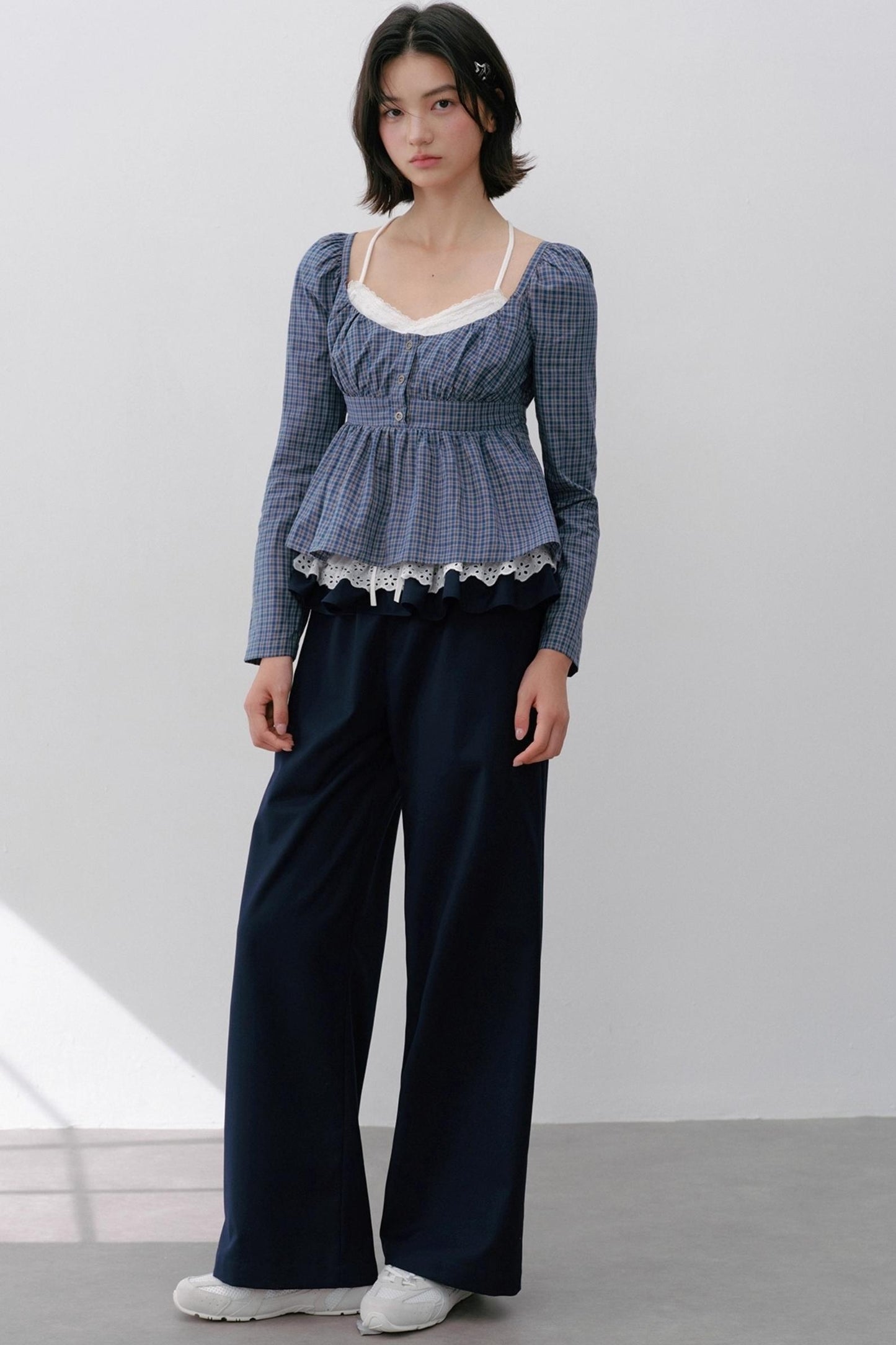 Vintage Navy Blue Check Cinched Shirt