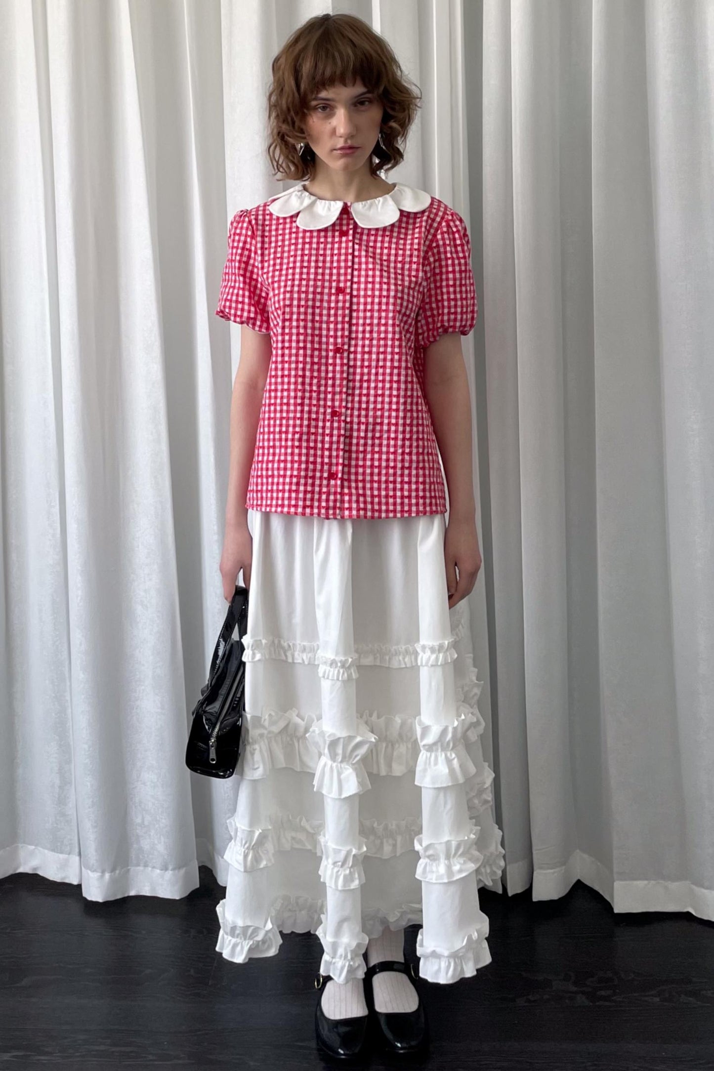 Red Plaid Lantern Sleeve Shirt