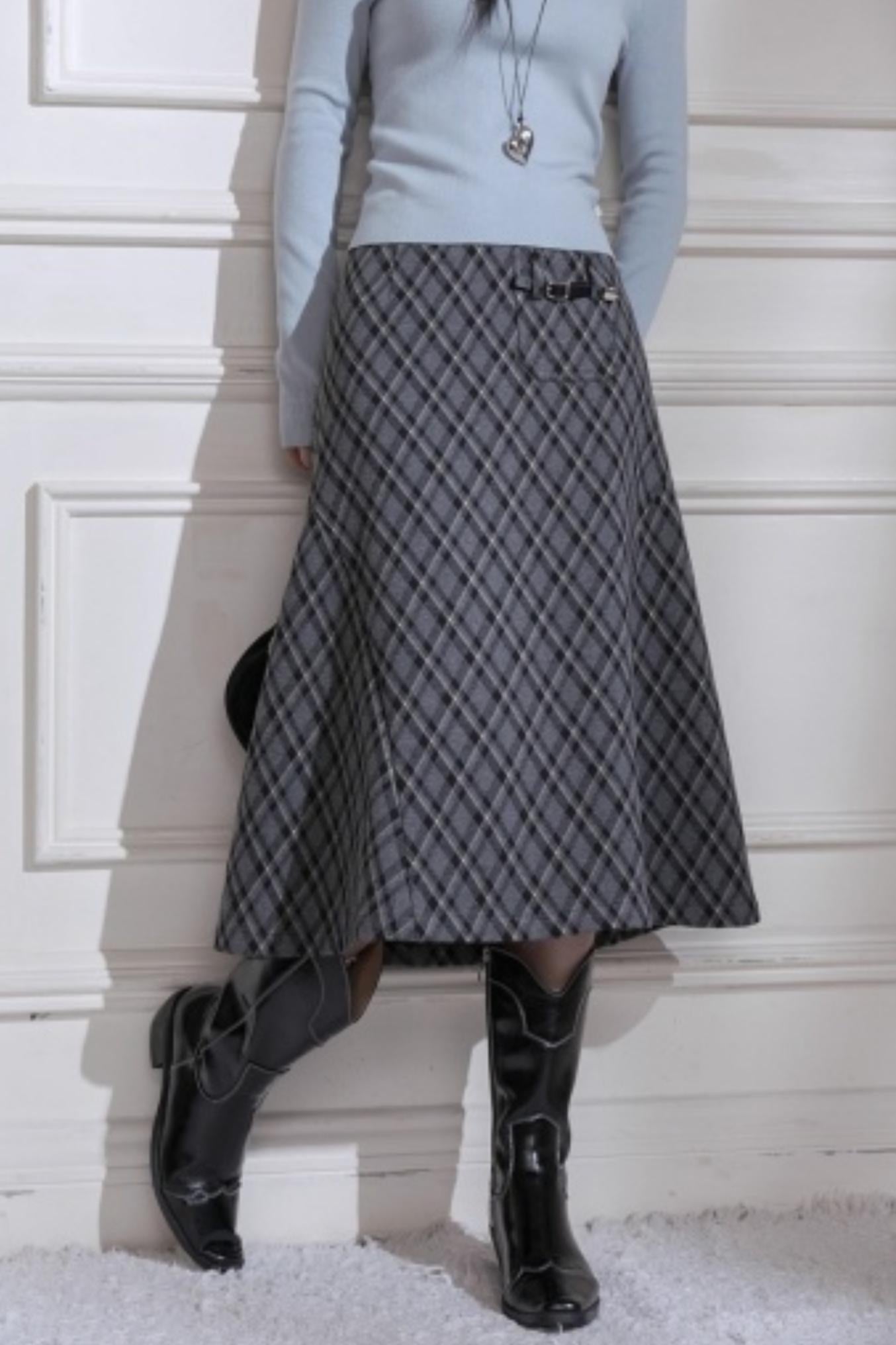 Gray Plaid Leather Midi Skirt