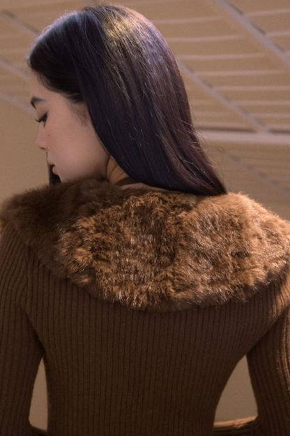 Vintage Fur Collar Knit Cardigan Set